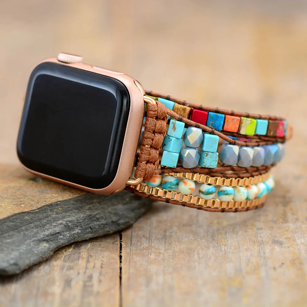 Natural Stone Imperial Jasper Apple Watch Band Beads Boho 3 Wrap Wax Rope Watch Strap Vegan Wristband Gift Wholesale Dropship