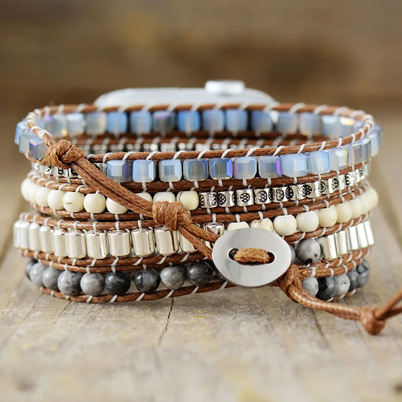 Bohemian Natural Stone Smart Watch Strap - Handmade Jasper & Howlite Healing Bracelet for iWatch Series 1-7, 38-45mm