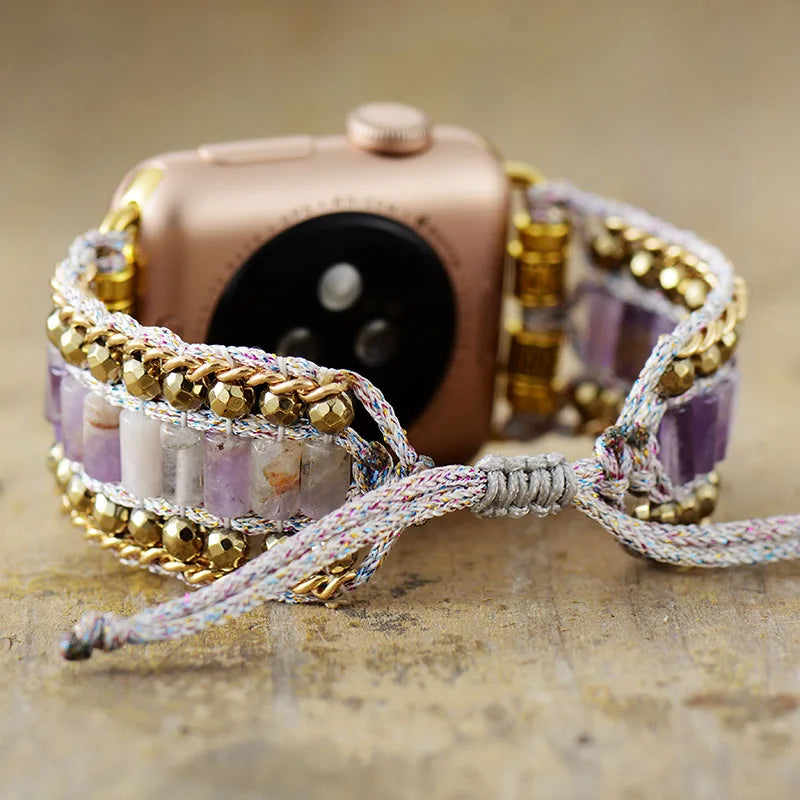 Amethyst Adjustable Smart Watch Strap - Handmade Crystal Bead Wristband for Couples, Fits iWatch