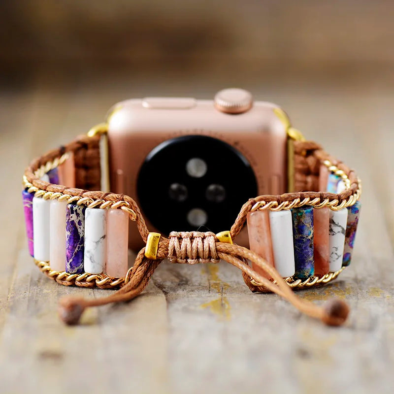 Bohemian Natural Stone Apple Watch Strap - Handmade Jasper & Agate Beaded Band for Couples, 38mm/45mm