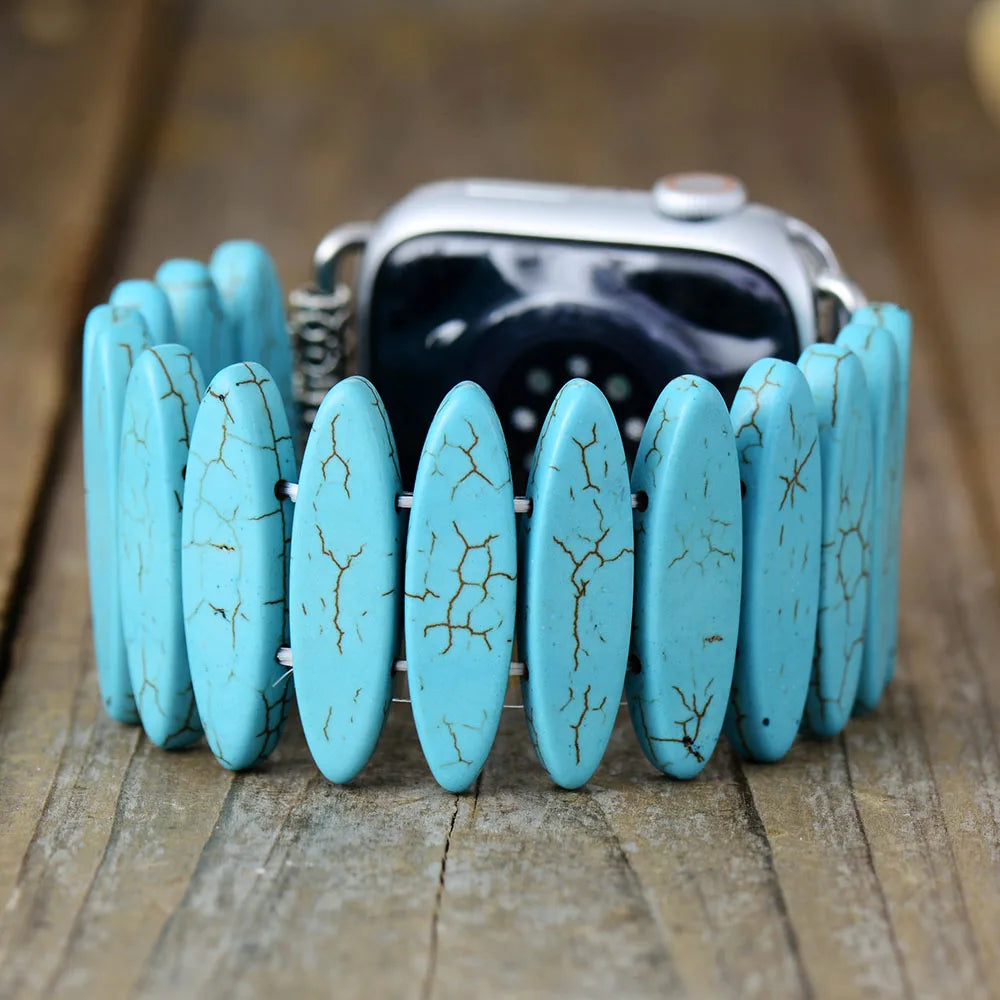 Punk Turquoise Stone Smart Watch Strap - Handmade Elastic Jasper and Steel Bracelet for Apple Watch 38mm/45mm