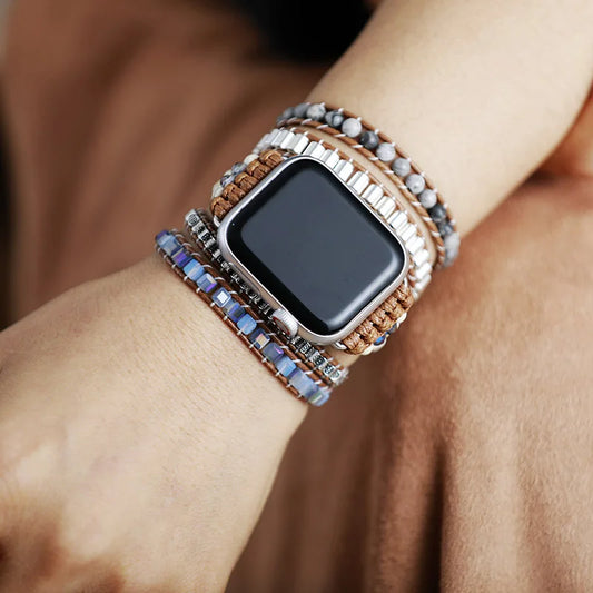 Bohemian Natural Stone Smart Watch Strap - Handmade Jasper & Howlite Healing Bracelet for iWatch Series 1-7, 38-45mm