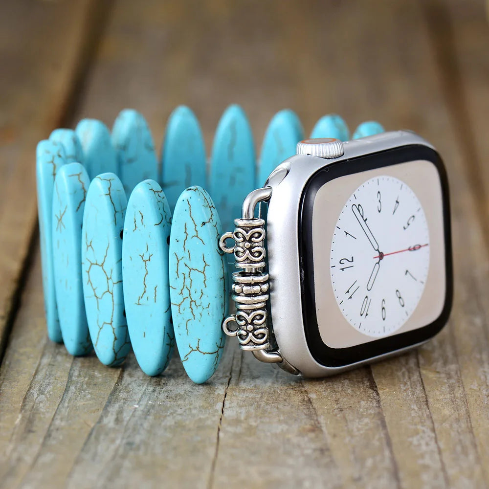 Punk Turquoise Stone Smart Watch Strap - Handmade Elastic Jasper and Steel Bracelet for Apple Watch 38mm/45mm