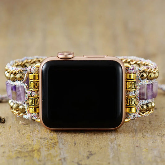 Amethyst Adjustable Smart Watch Strap - Handmade Crystal Bead Wristband for Couples, Fits iWatch