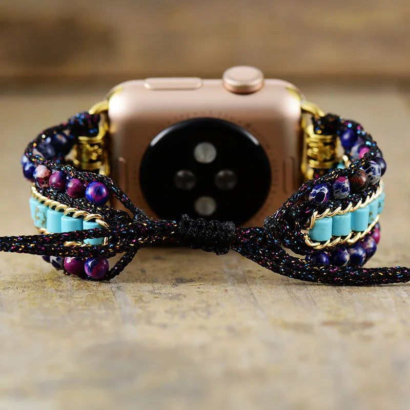 Gothic Turquoise & Jasper Beaded Smart Watch Strap - Handmade, Adjustable for Apple Watch 38mm/45mm