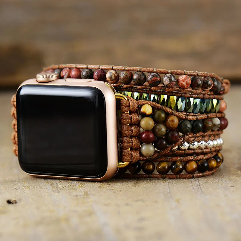 Creative Natural Stone iWatch Band Beads Boho 5X Wrap Vegan Rope Watch Strap Wristband Tiger Eye Bracelet Accessories