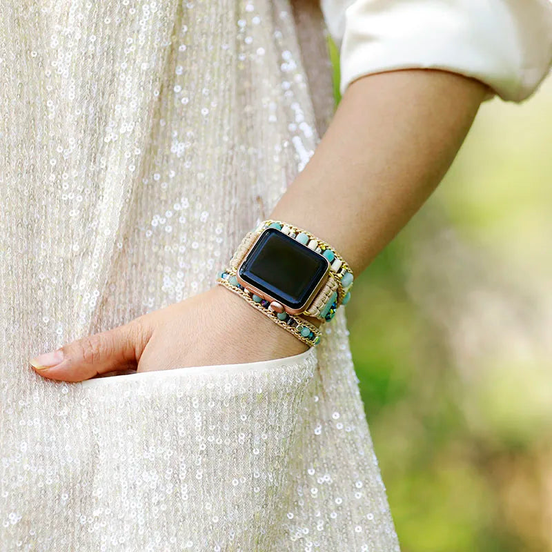 Boho Amazonite Triple Wrap Apple Watch Band - Handmade Beaded Vegan Rope Strap for Women