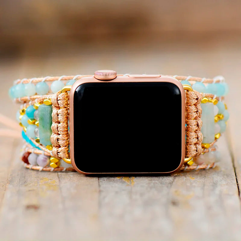 Amazonite & Jasper Ethnic Beaded Apple Watch Strap - Handmade Crystal Bracelet for Series 1-7, 38-45mm