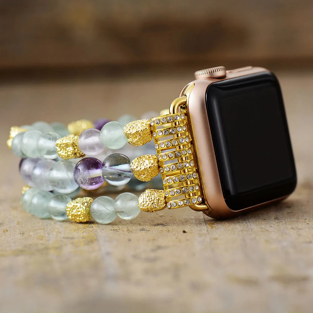 Amazonite & Sunstone Crystal Bead Smart Watch Strap - Handmade Stretchy 38mm/45mm Wristband for iWatch