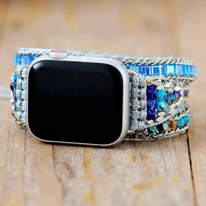 Modernism Bling Blue Crystal & Onyx Smart Watch Strap - Handmade 3X Wrap Vegan Rope Band for Women