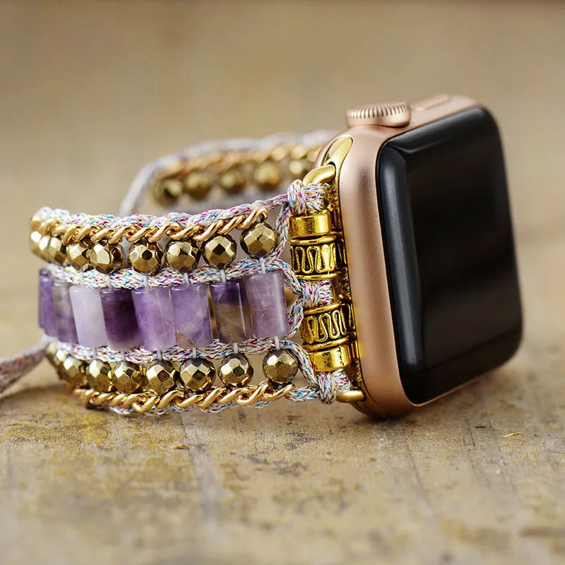 Amethyst Adjustable Smart Watch Strap - Handmade Crystal Bead Wristband for Couples, Fits iWatch