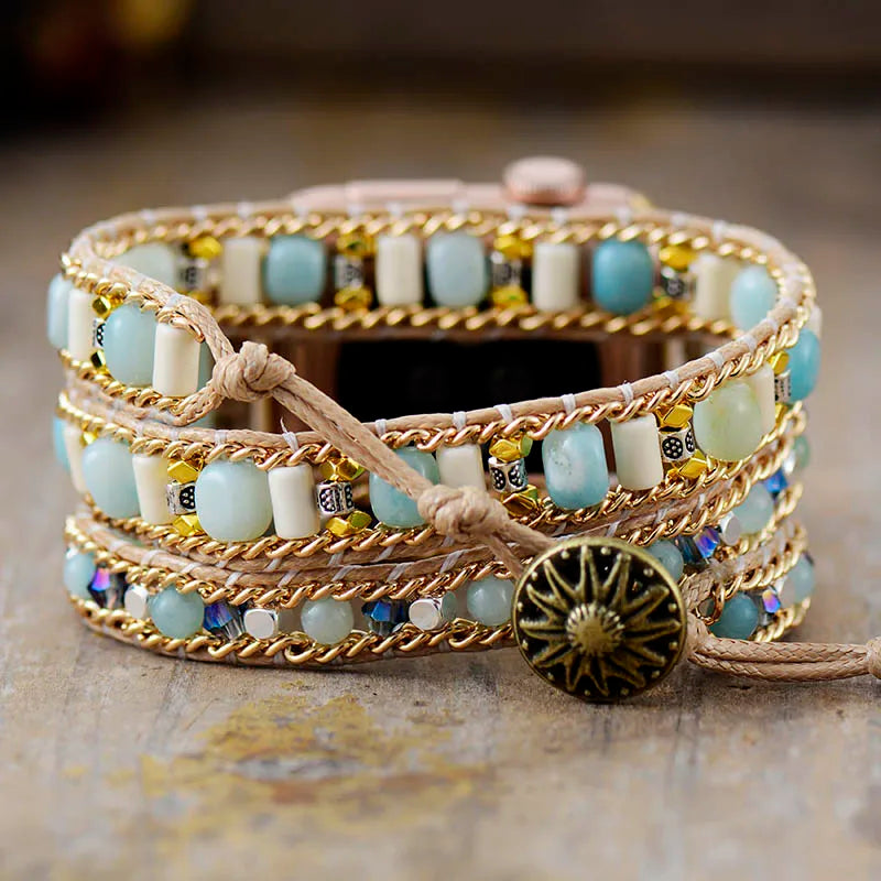 Boho Amazonite Triple Wrap Apple Watch Band - Handmade Beaded Vegan Rope Strap for Women