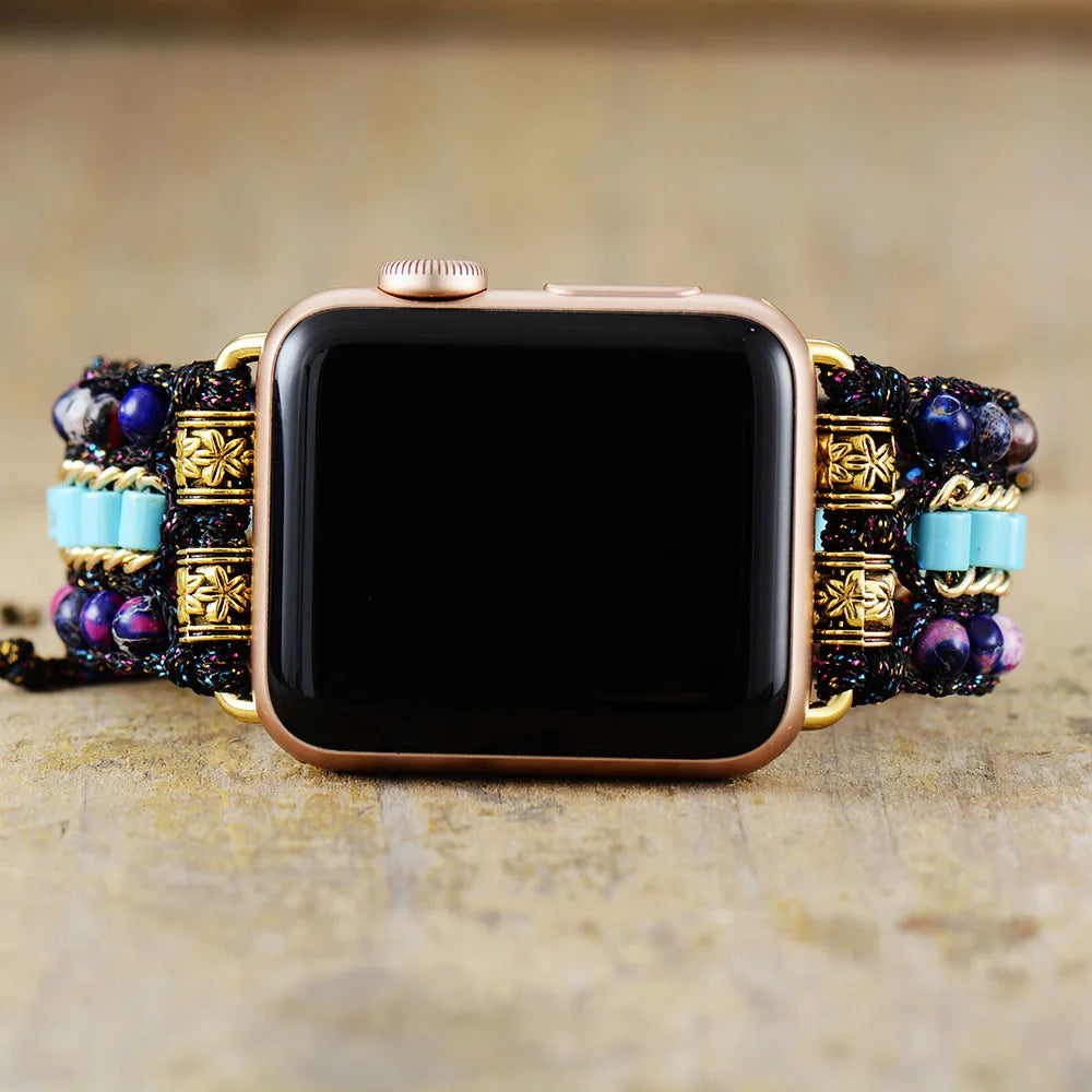 Gothic Turquoise & Jasper Beaded Smart Watch Strap - Handmade, Adjustable for Apple Watch 38mm/45mm