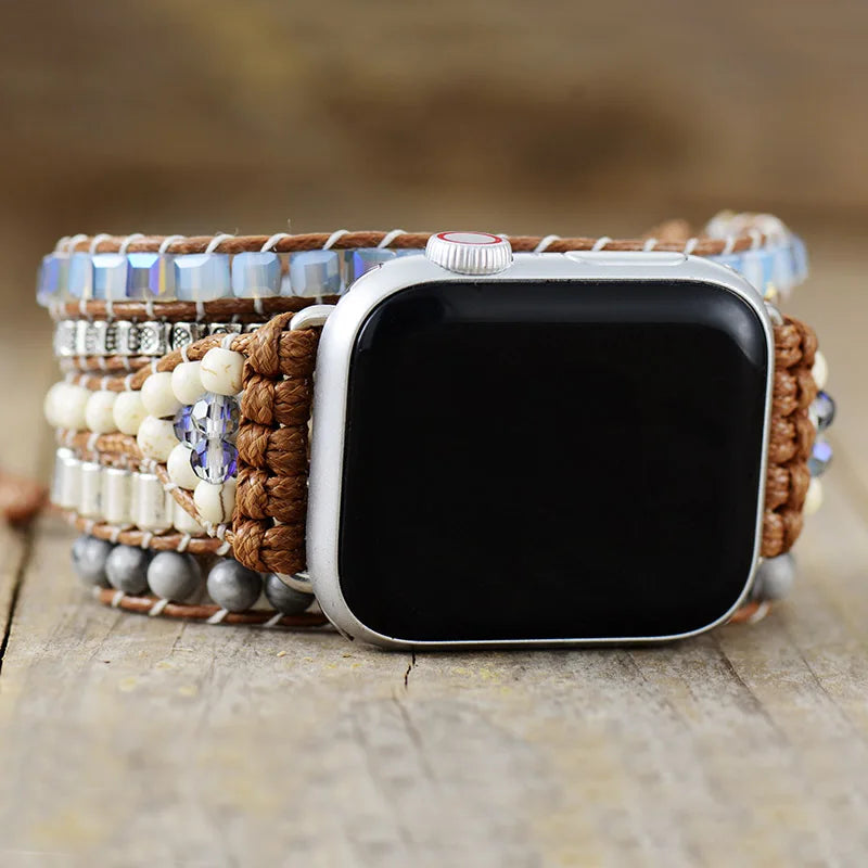 Bohemian Natural Stone Smart Watch Strap - Handmade Jasper & Howlite Healing Bracelet for iWatch Series 1-7, 38-45mm