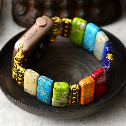 Spiritual 7 Color Chakra Imperial Jaspers Elastic Smart Watch Strap 38mm/45mm Stones Stretchy Wristband Lovers iWatch Bracelet