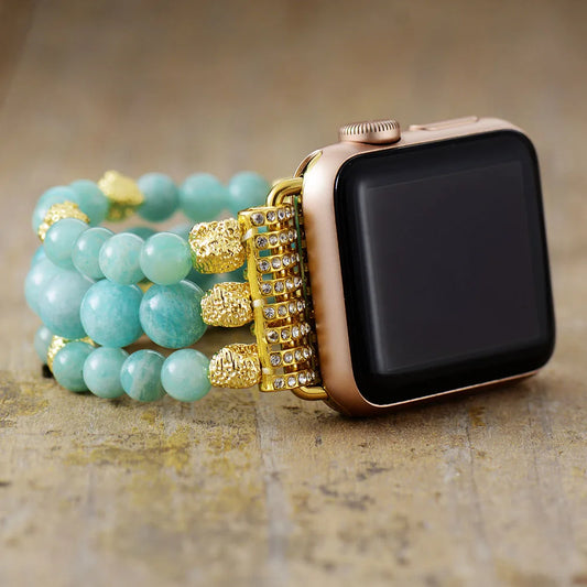 Amazonite & Sunstone Crystal Bead Smart Watch Strap - Handmade Stretchy 38mm/45mm Wristband for iWatch