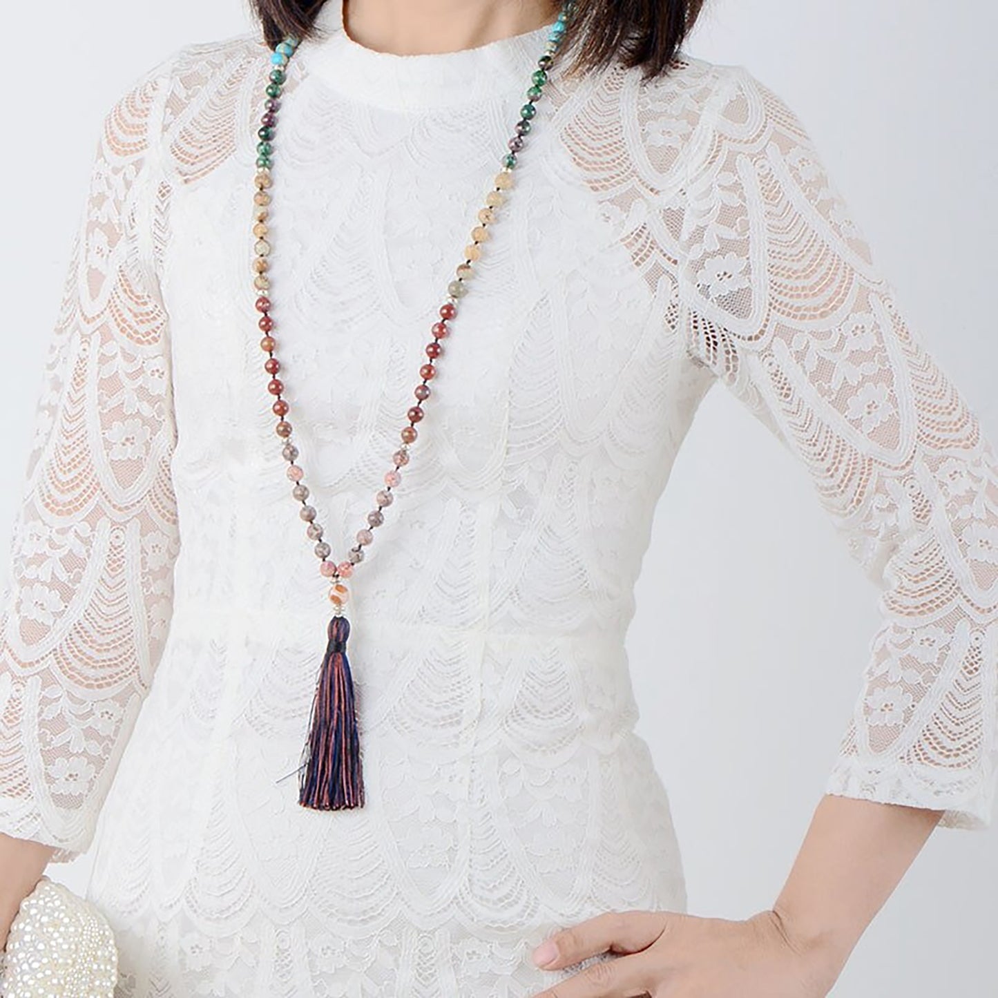 Chakra Mala Unique necklace with white dress