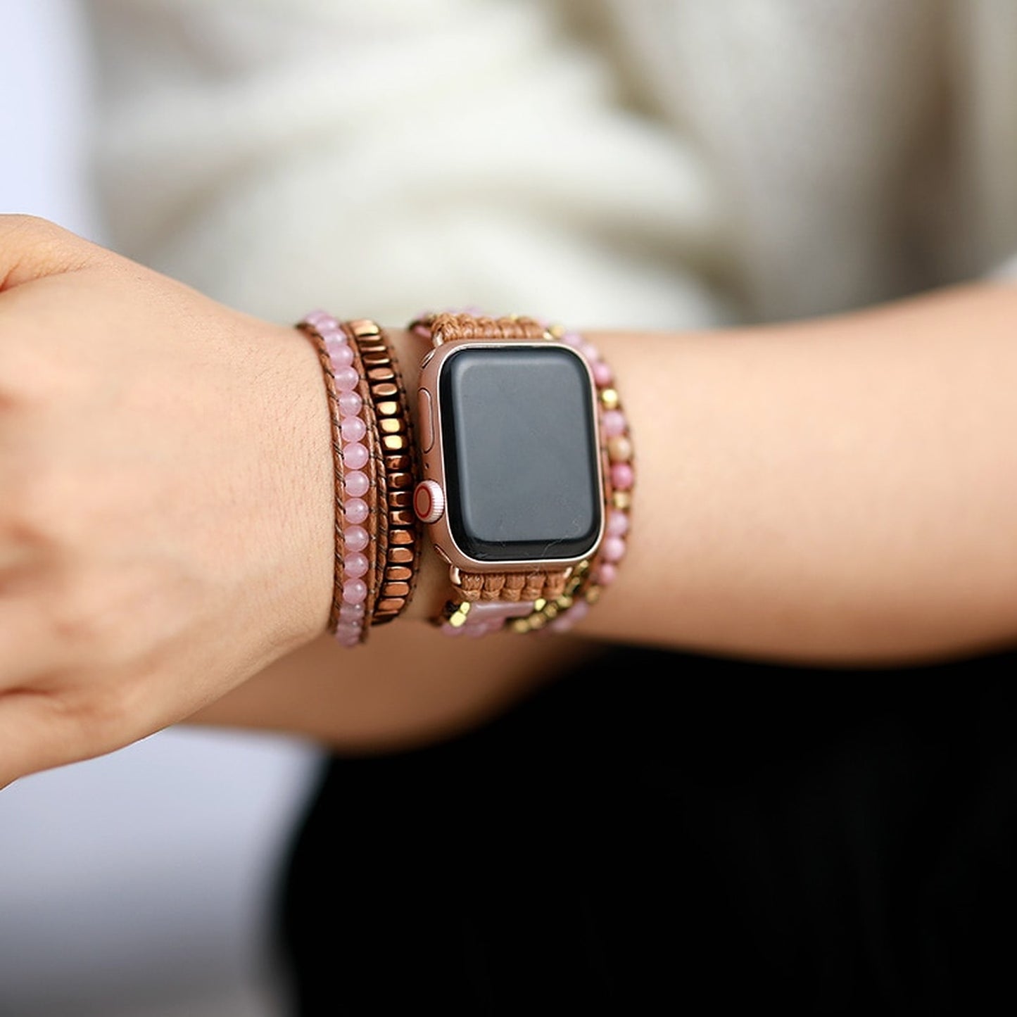 Rhodonite, Rose Quartz Beaded Apple Watch Strap