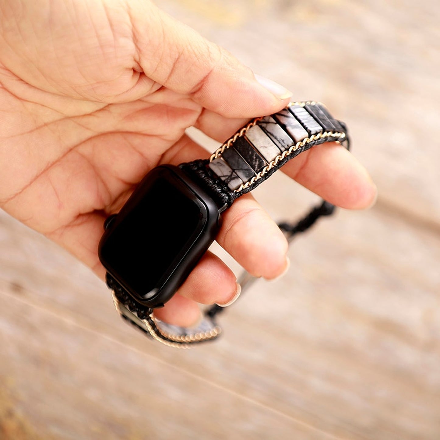 Black Jasper Beaded Apple Watch Strap