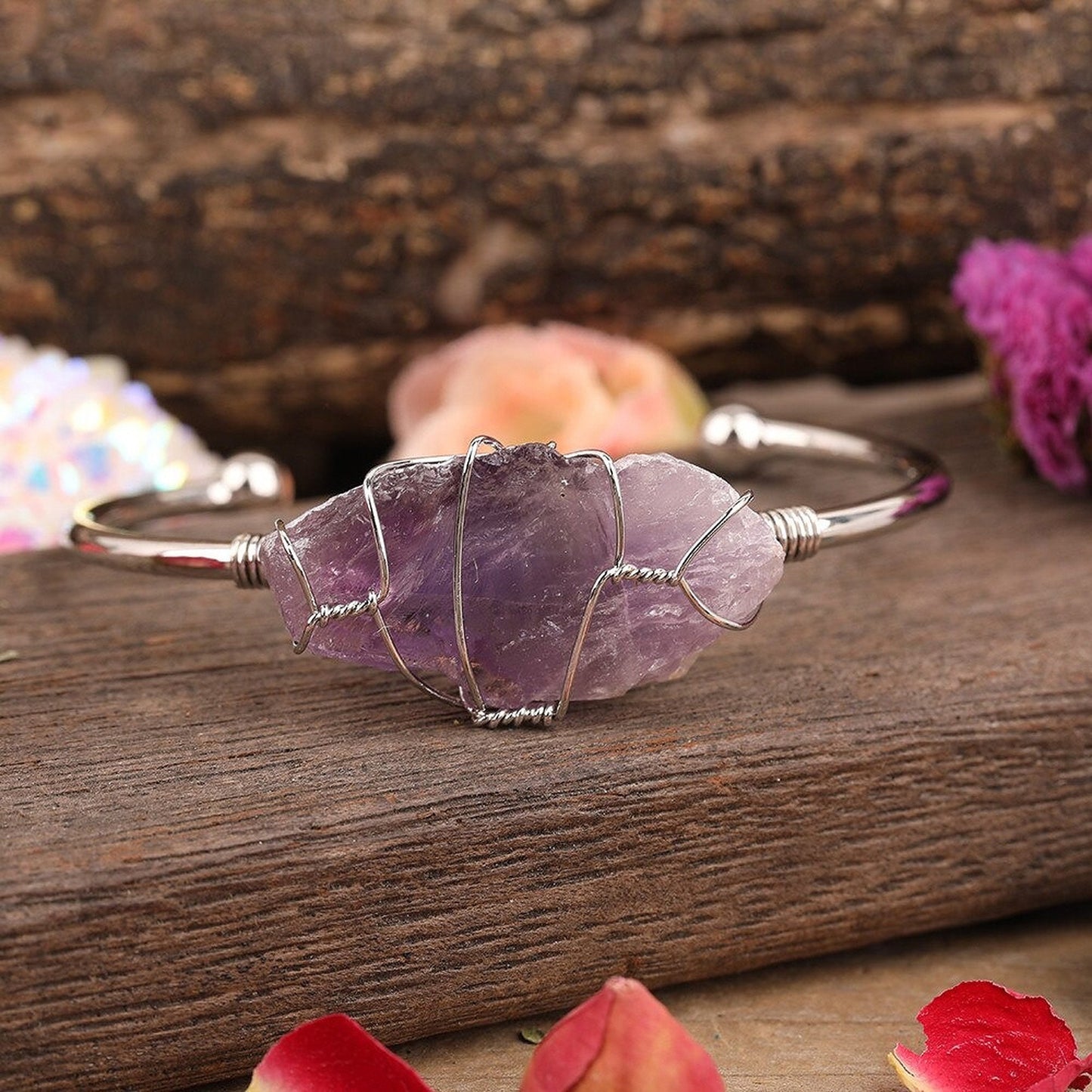 Wire Wrapped Healing Crystal Cuff Bracelet