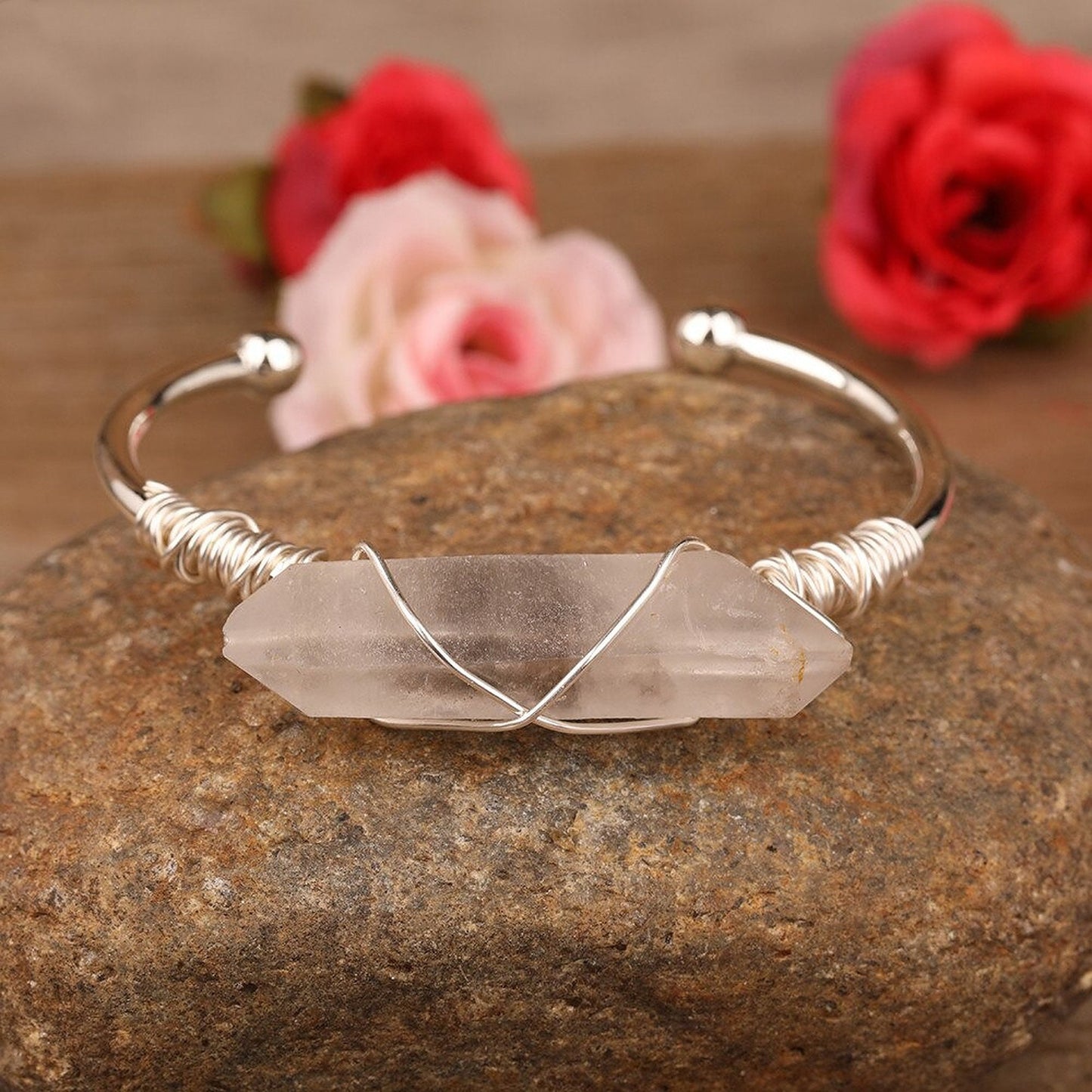 White Quartz Diamond Cut Cuff Bracelet