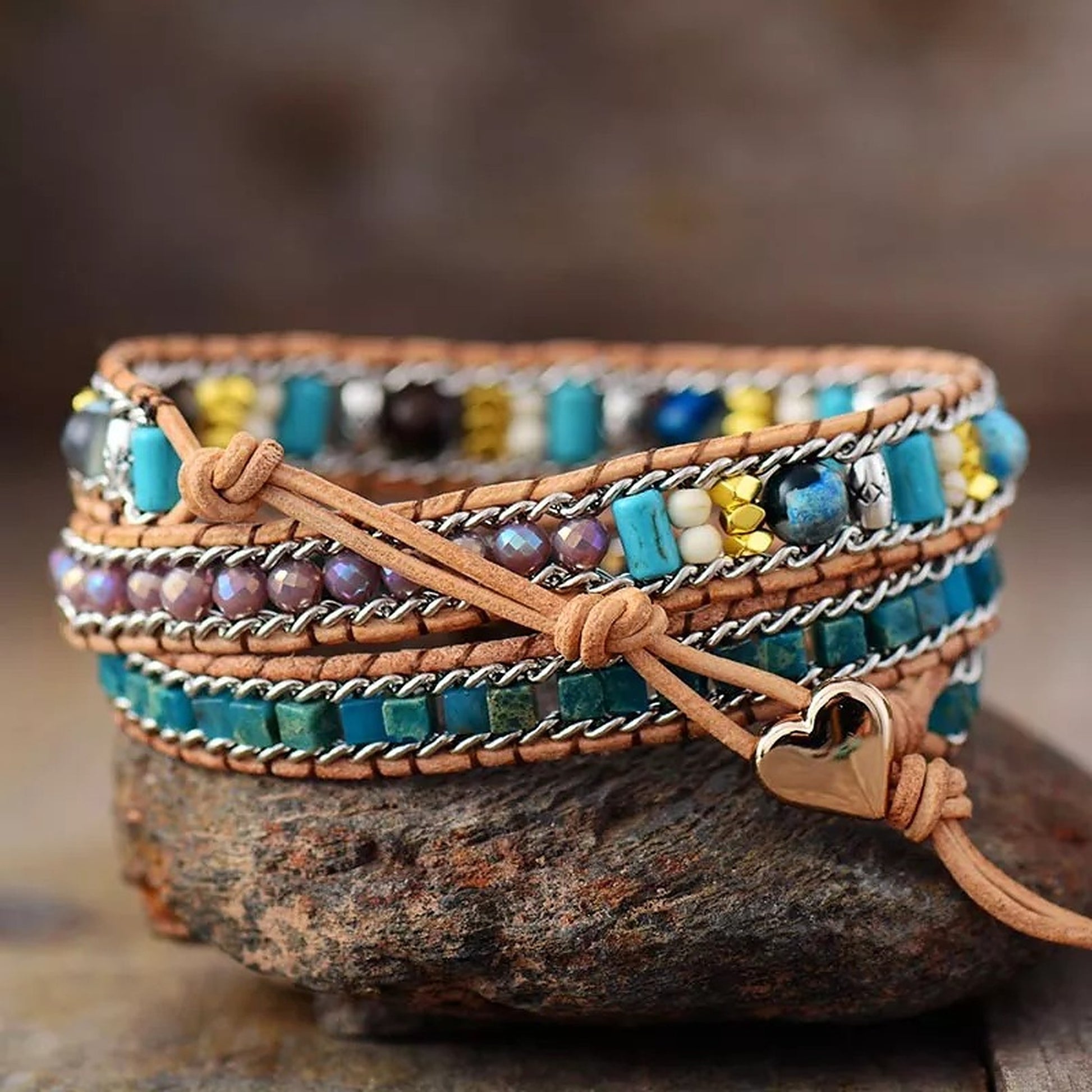 Natural Turquoise ite Jasper Stone Beaded Bracelet Leather Wrap  Bracelet