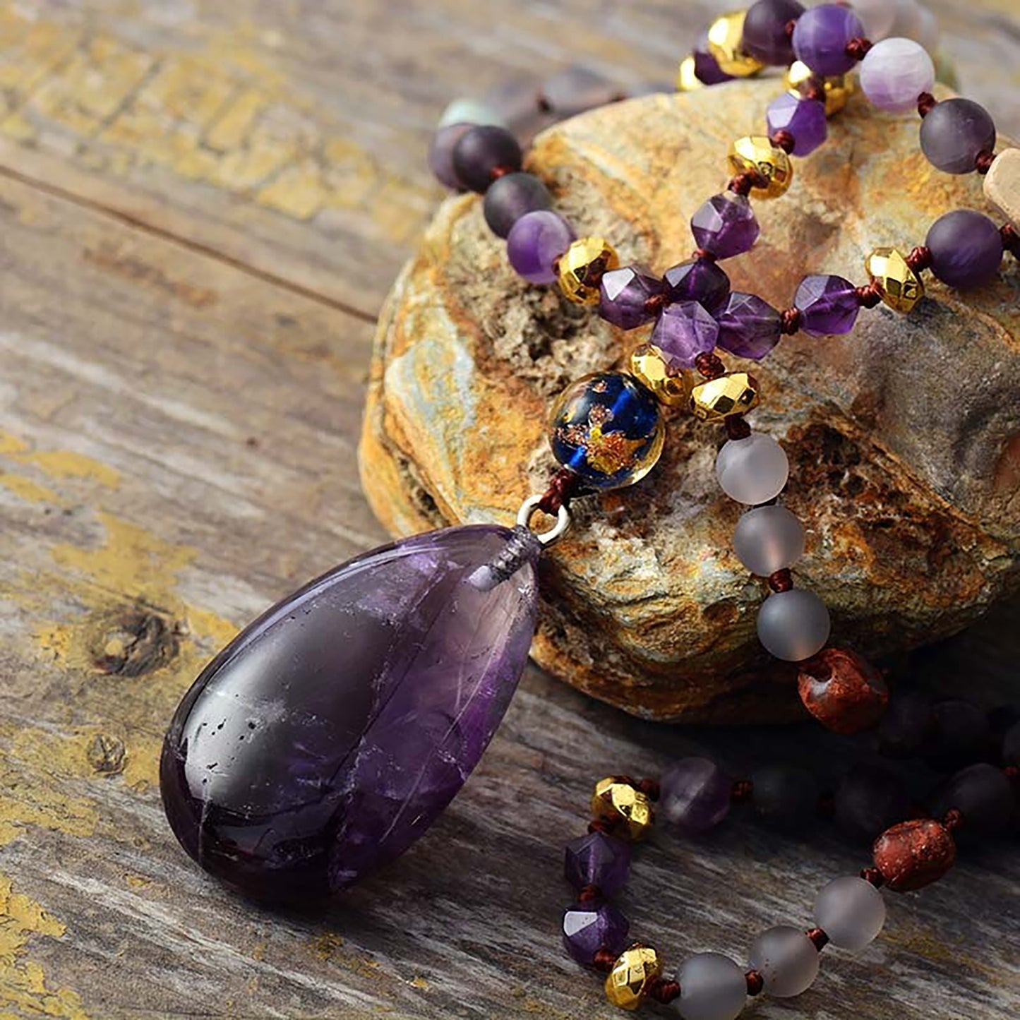 Amethyst Beaded Mala Necklace